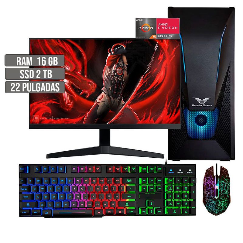HALCON - PC EQUIPO COMPUTADOR GAMER AMD RYZEN 5 5600G SSD 2TB RAM 16GB LED 22" FHD