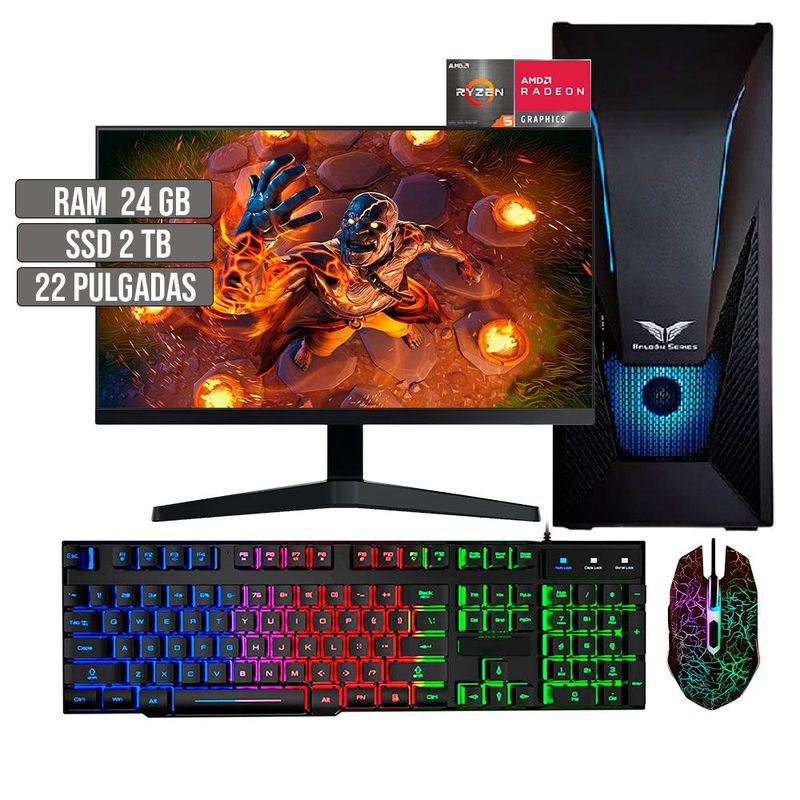 HALCON - PC EQUIPO COMPUTADOR GAMER AMD RYZEN 5 5600G SSD 2TB RAM 24GB LED 22" FHD
