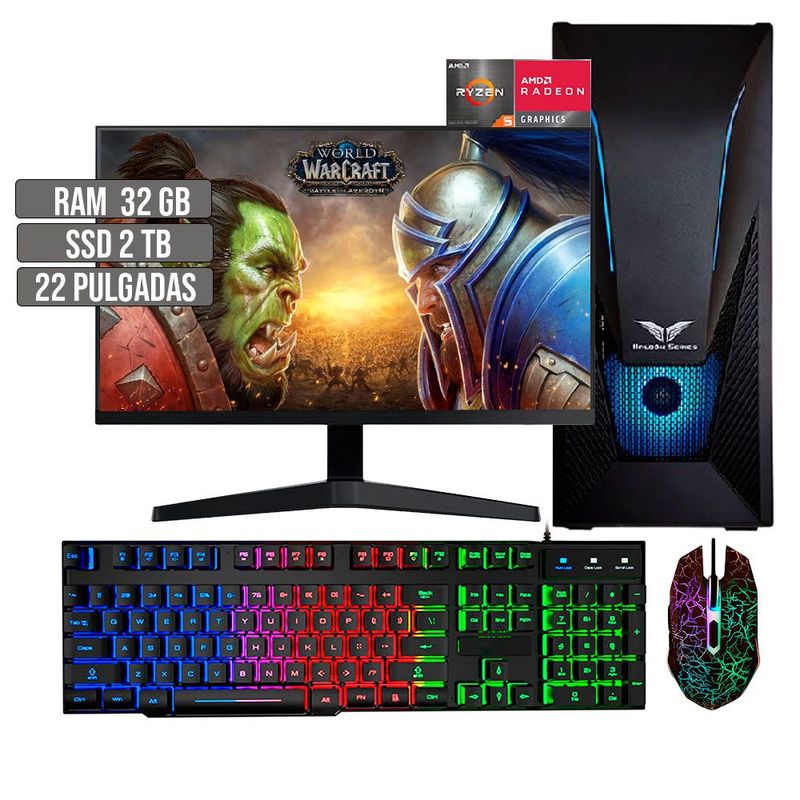 HALCON - PC EQUIPO COMPUTADOR GAMER AMD RYZEN 5 5600G SSD 2TB RAM 32GB LED 22" FHD