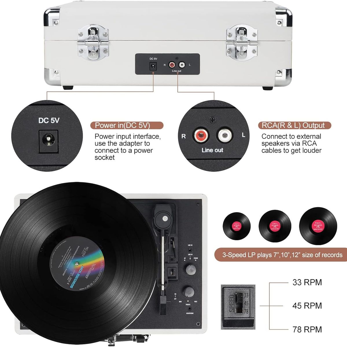 BR - Tocadiscos Portátil Con Parlantes Y Bluetooth Retrolife