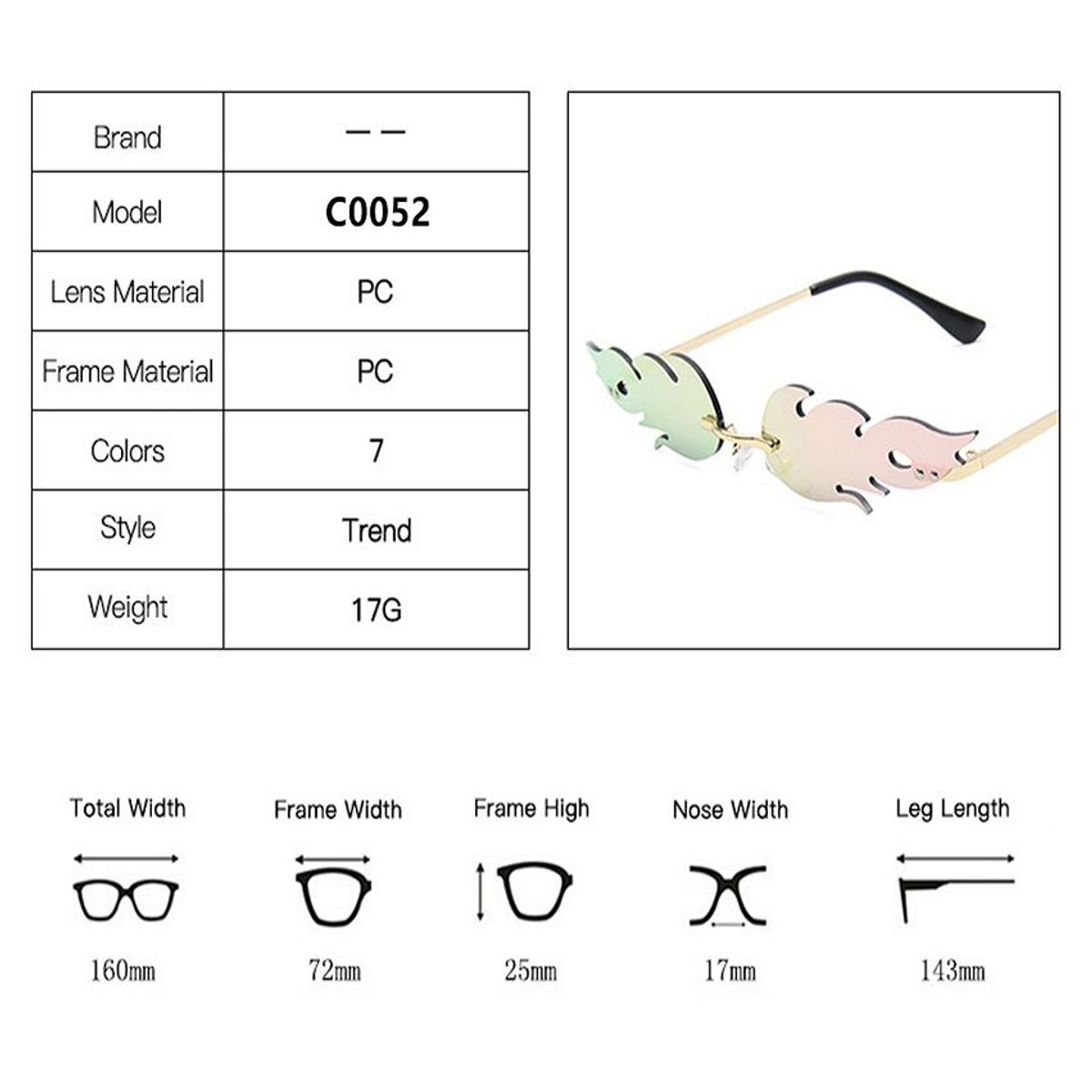 GENERAL - Gafas Llamas de Fuego Unisex Fiesta Conciertos Fotos Plata