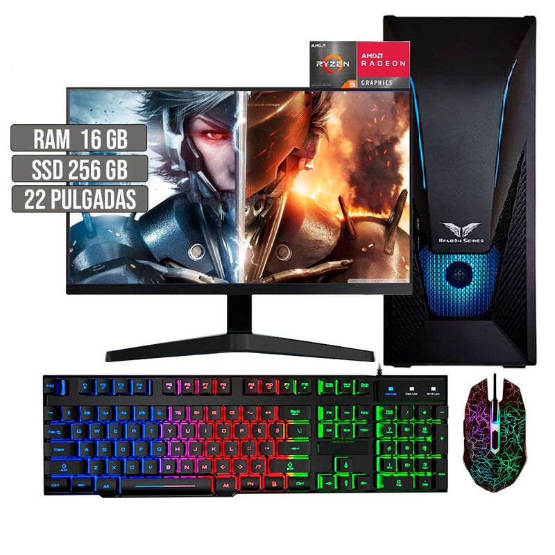HALCON - PC EQUIPO COMPUTADOR GAMER AMD RYZEN 5 5600G SSD 256GB RAM 16GB LED 22" FHD