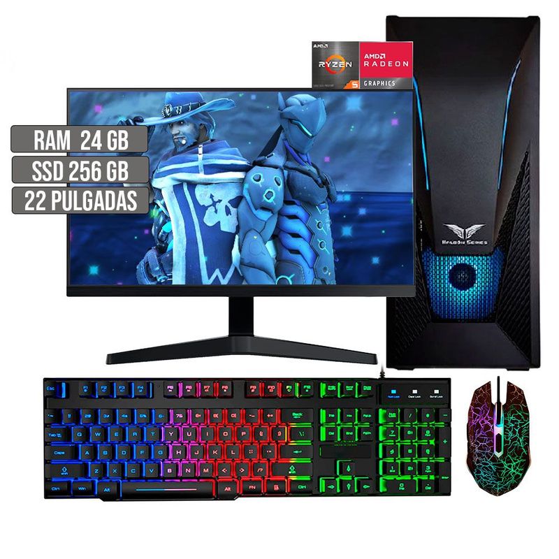 HALCON - PC EQUIPO COMPUTADOR GAMER AMD RYZEN 5 5600G SSD 256GB RAM 24GB LED 22" FHD