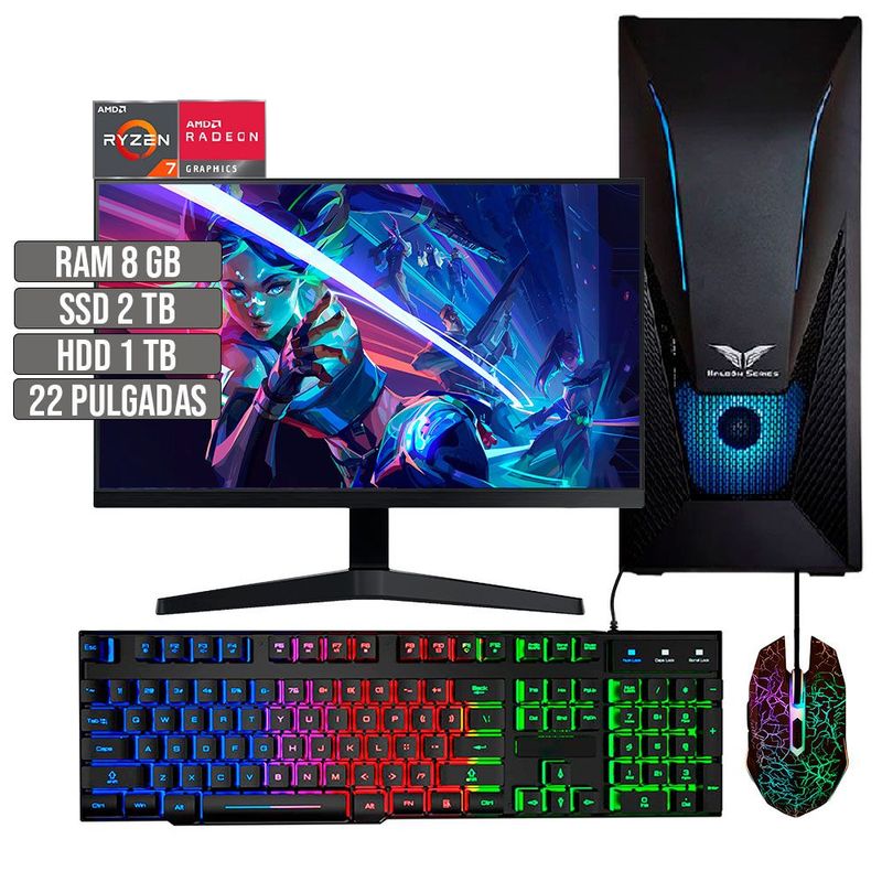 HALCON - PC EQUIPO GAMER AMD RYZEN 7 5700G SSD 2TB + HDD 1TB RAM 8GB LED 22" FHD