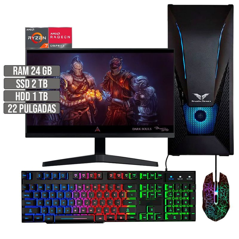 HALCON - PC EQUIPO GAMER AMD RYZEN 7 5700G SSD 2TB + HDD 1TB RAM 24GB LED 22" FHD