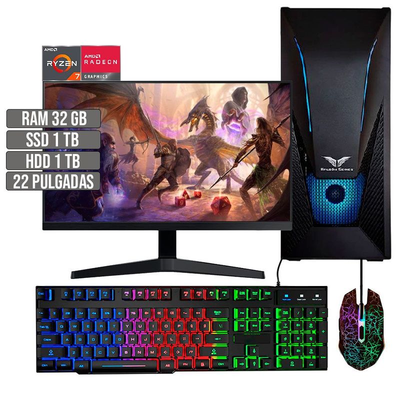 HALCON - PC EQUIPO GAMER AMD RYZEN 7 5700G SSD 1TB + HDD 1TB RAM 32GB LED 22" FHD