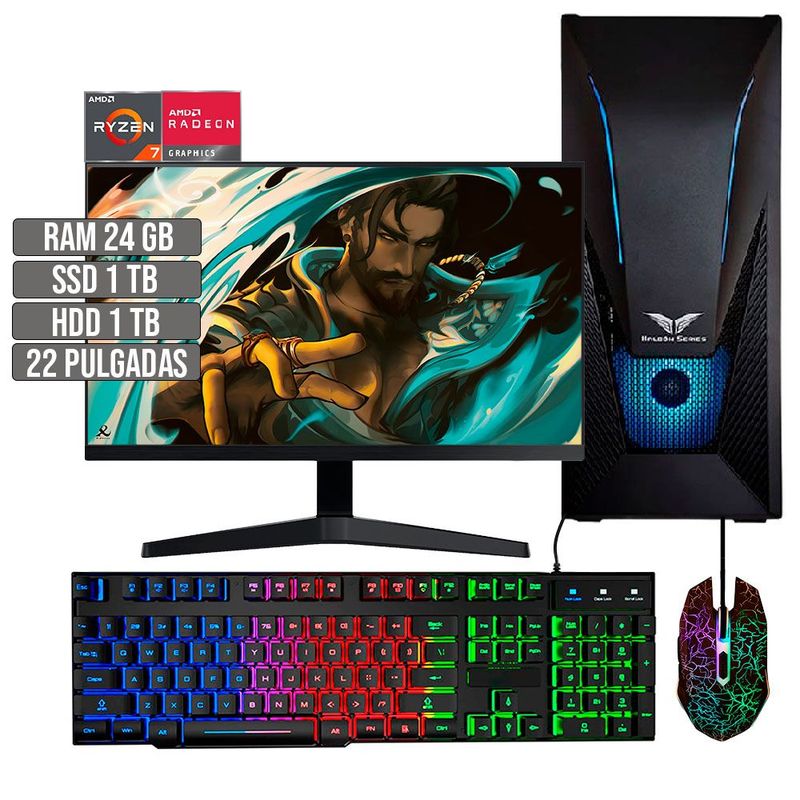 HALCON - PC EQUIPO GAMER AMD RYZEN 7 5700G SSD 1TB + HDD 1TB RAM 24GB LED 22" FHD