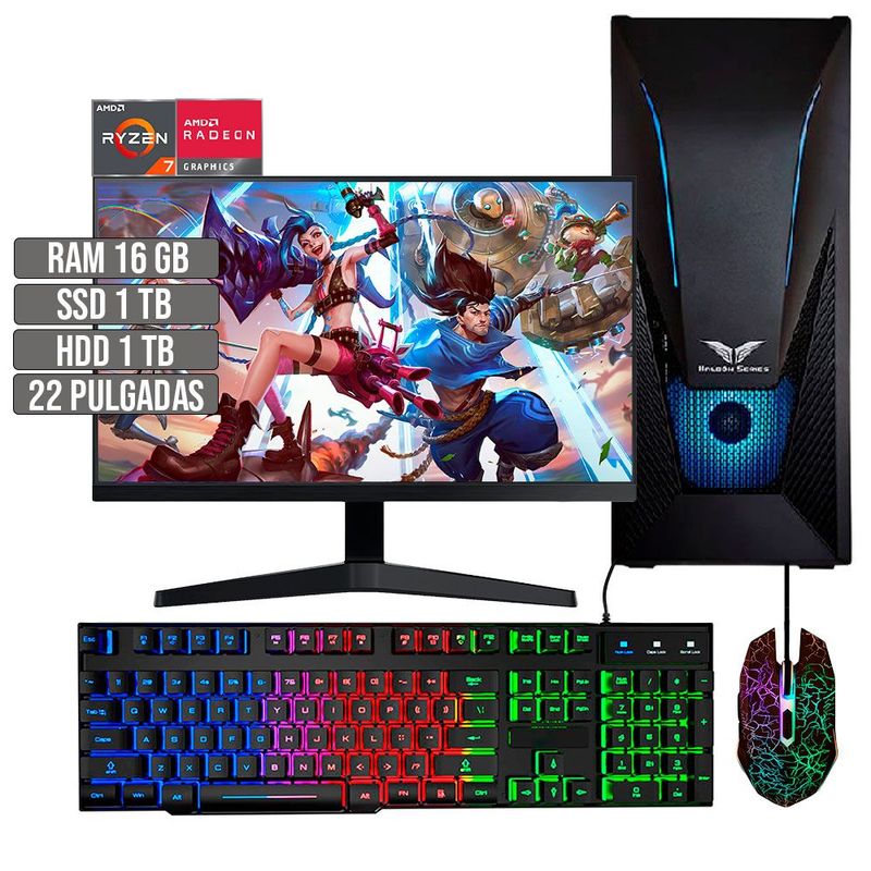 HALCON - PC EQUIPO GAMER AMD RYZEN 7 5700G SSD 1TB + HDD 1TB RAM 16GB LED 22" FHD