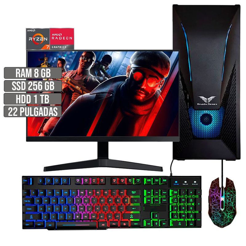 HALCON - PC EQUIPO GAMER AMD RYZEN 7 5700G SSD 256GB + HDD 1TB RAM 8GB LED 22 FHD
