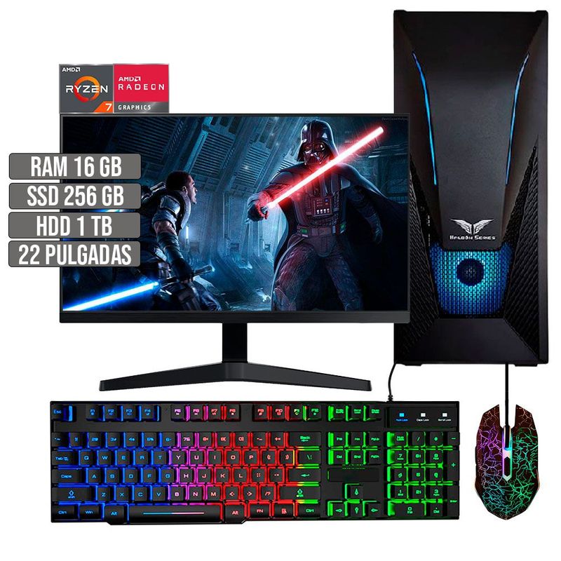HALCON - PC EQUIPO GAMER AMD RYZEN 7 5700G SSD 256GB + HDD 1TB RAM 16GB LED 22 FHD