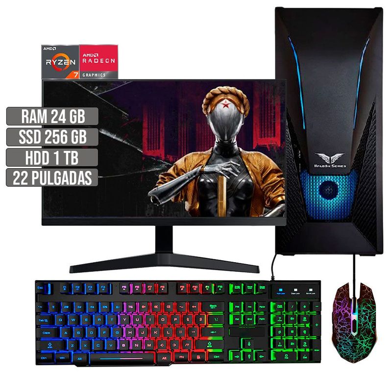 HALCON - PC EQUIPO GAMER AMD RYZEN 7 5700G SSD 256GB + HDD 1TB RAM 24GB LED 22 FHD