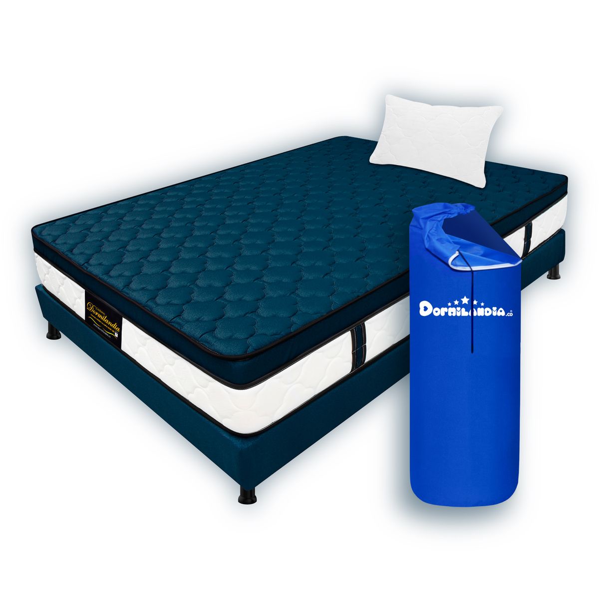 DORMILANDIA - Colchón Azul Sencillo 100x190 Resortado Dublín Enrollado+Base Cama+Almohada