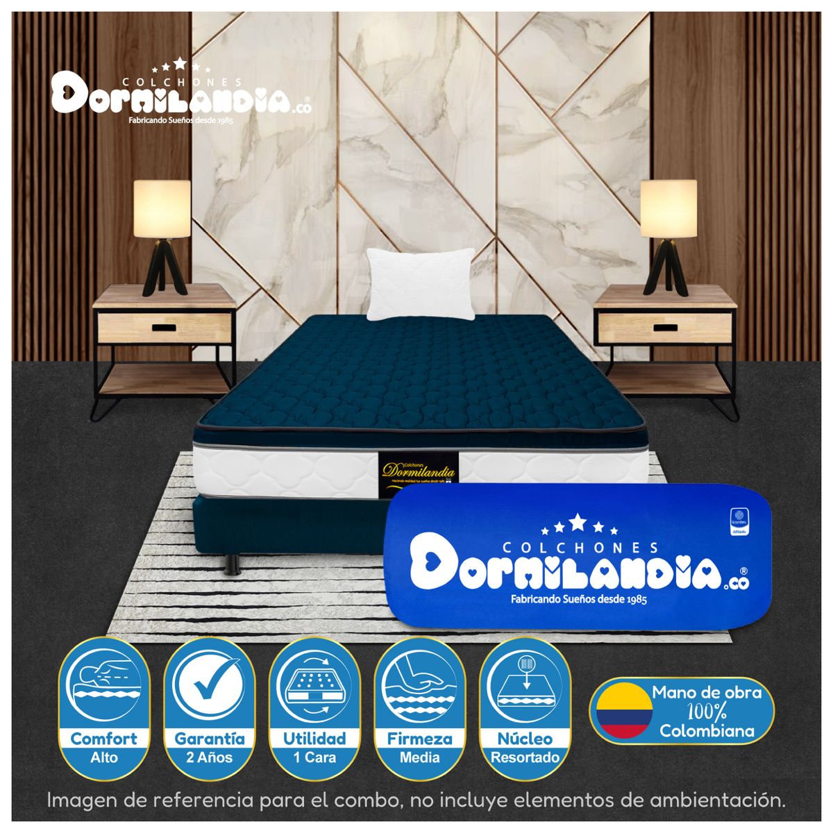 DORMILANDIA - Colchón Azul Sencillo 100x190 Resortado Dublín Enrollado+Base Cama+Almohada