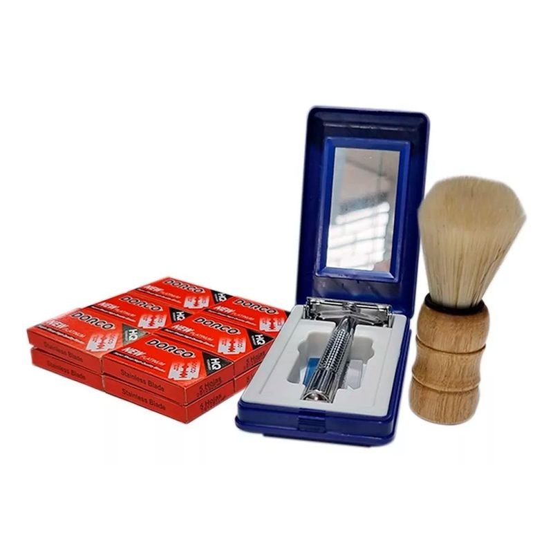 GENERICO - Kit x3 Estuche Máquina Clásica + 60 cuchillas + Brocha Afeitar Azul