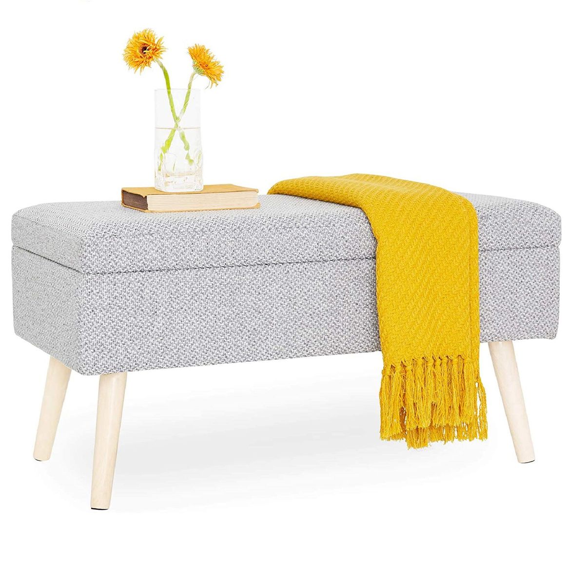 BANZAY - Puff Baul Sala o Pie de Cama Patas en Madera Natural - Gris Claro