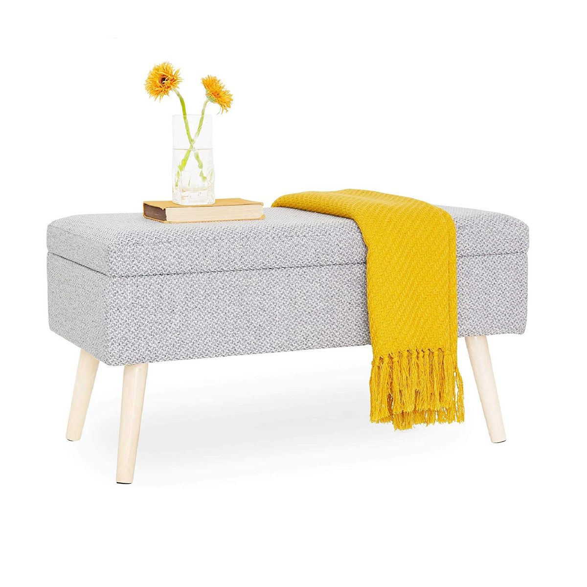 BANZAY - Puff Baul Sala o Pie de Cama Patas en Madera Natural - Gris Claro