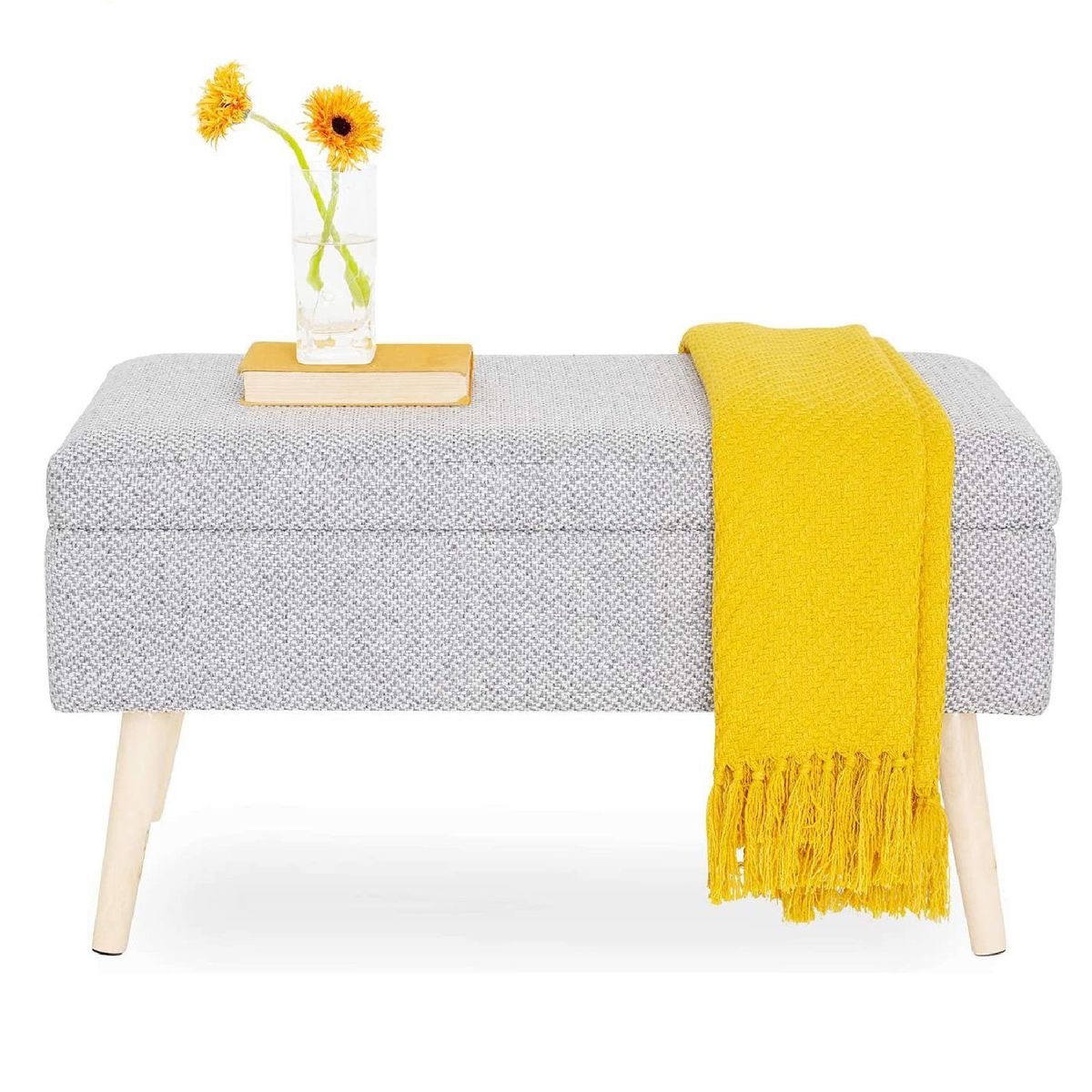 BANZAY - Puff Baul Sala o Pie de Cama Patas en Madera Natural - Gris Claro