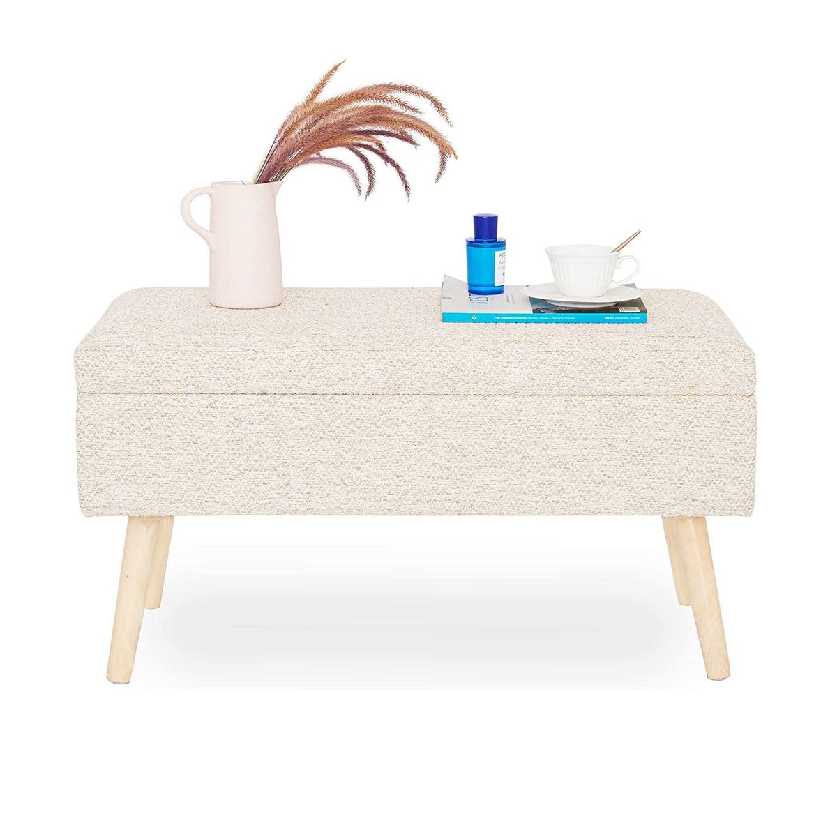 BANZAY - Puff Baul Sala o Pie de Cama Patas en Madera Natural - Beige