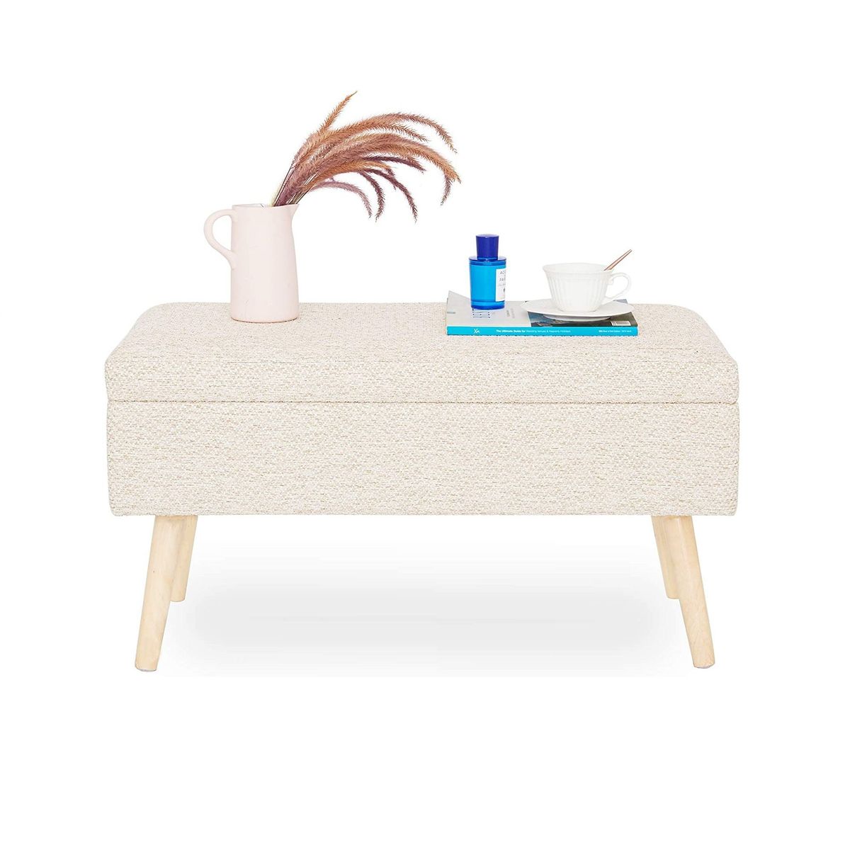 BANZAY - Puff Baul Sala o Pie de Cama Patas en Madera Natural - Beige