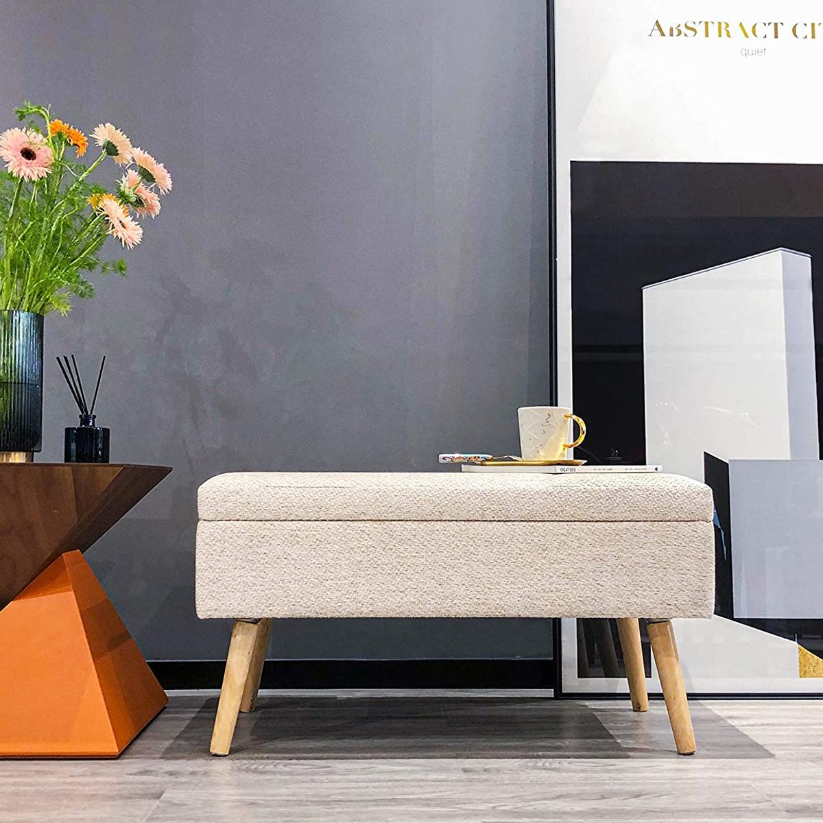 BANZAY - Puff Baul Sala o Pie de Cama Patas en Madera Natural - Beige