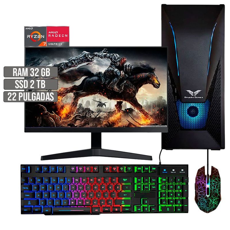HALCON - PC EQUIPO GAMER AMD RYZEN 7 5700G SSD 2TB RAM 32GB LED 22" FHD