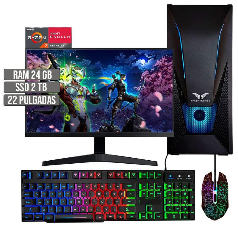 HALCON - PC EQUIPO GAMER AMD RYZEN 7 5700G SSD 2TB RAM 24GB LED 22" FHD