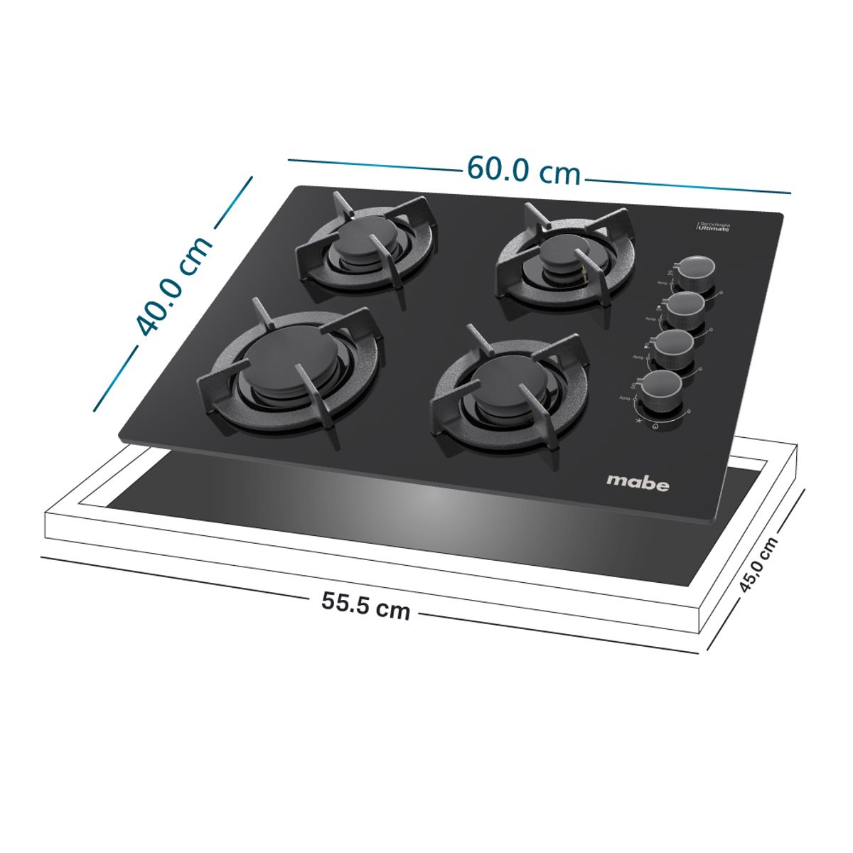  - Cubierta de Empotrar 60cm Vidrio Templado Negra Mabe CMG6044V0