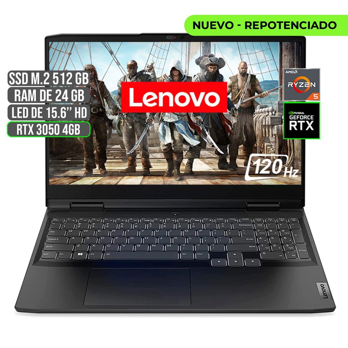 LENOVO - PORTATIL LENOVO GAMING AMD RYZEN 5 6600H SSD 512GB RAM 24GB RTX 3050 4GB 15.6" FHD