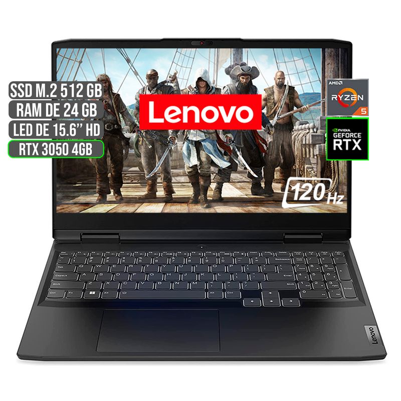 LENOVO - PORTATIL LENOVO GAMING AMD RYZEN 5 6600H SSD 512GB RAM 24GB RTX 3050 4GB 15.6" FHD