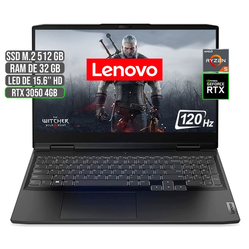LENOVO - PORTATIL LENOVO GAMING AMD RYZEN 5 6600H SSD 512GB RAM 32GB RTX 3050 4GB 15.6" FHD