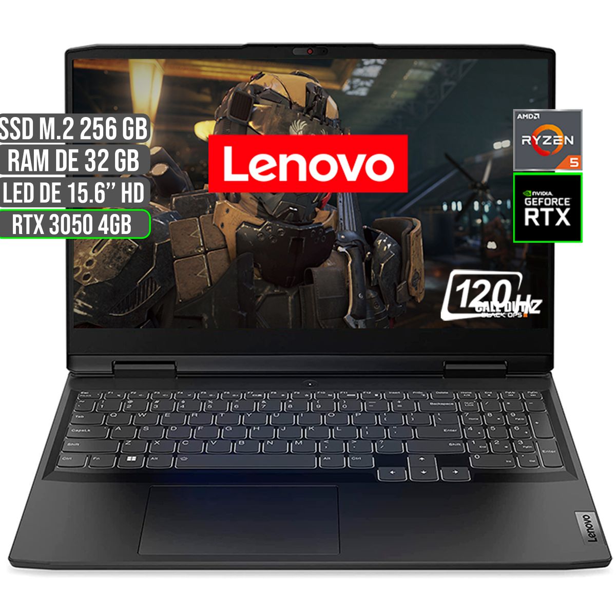 LENOVO - PORTATIL LENOVO GAMING AMD RYZEN 5 6600H SSD 256GB RAM 32GB RTX 3050 4GB 15.6" FHD
