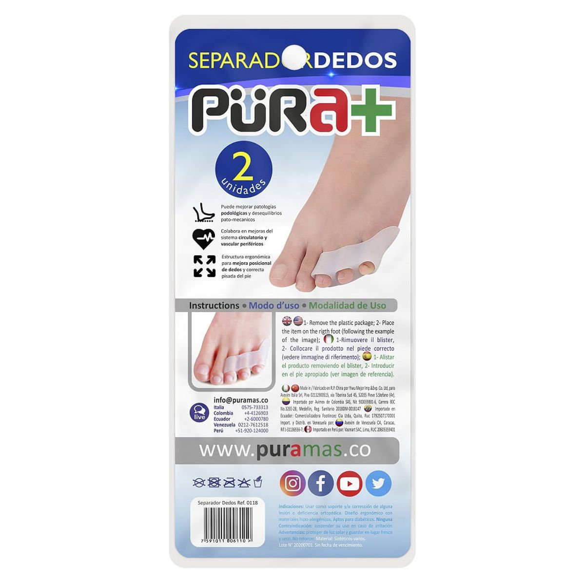 PURA - Protector Separador 3 Dedos Pura+ Silicona Talla Unica X 2un