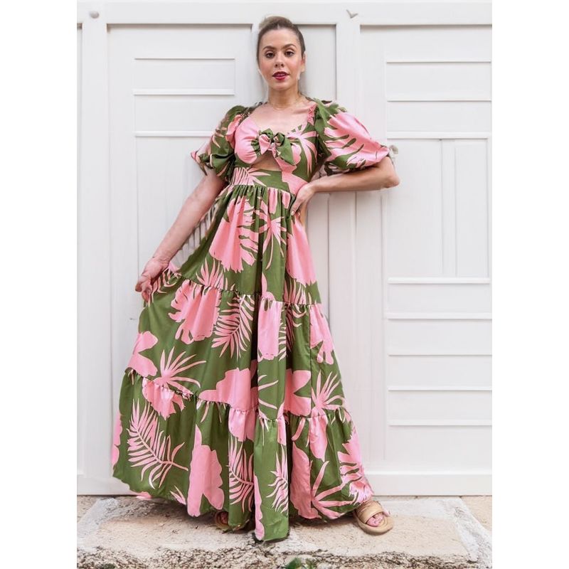 DR MARCH - AUGUST - Vestido largo flores verde rosado
