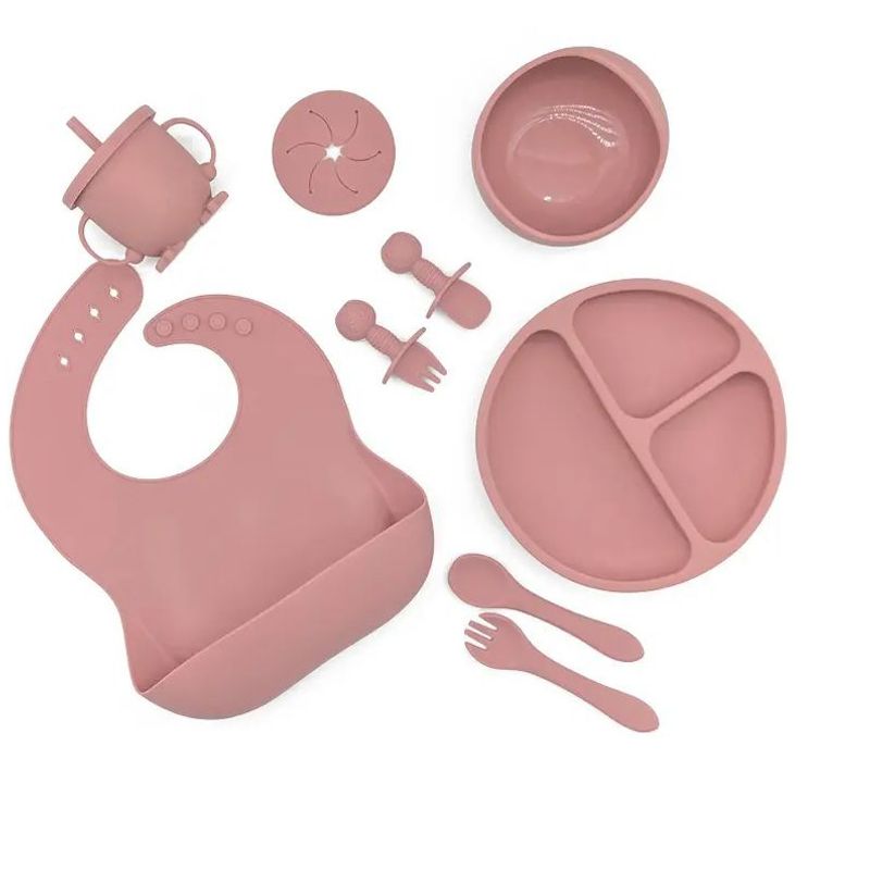 FRAGOLA KIDS - Kit Alimentación Bebe Vajilla Silicona Plato Babero 10 Pzas