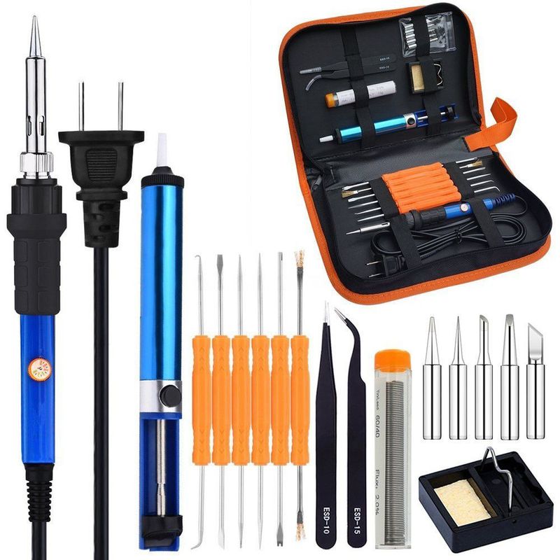 GENERICO - Kit Cautin Soldador 60w Set 18 Piezas Pinzas Temperatura Regulable.