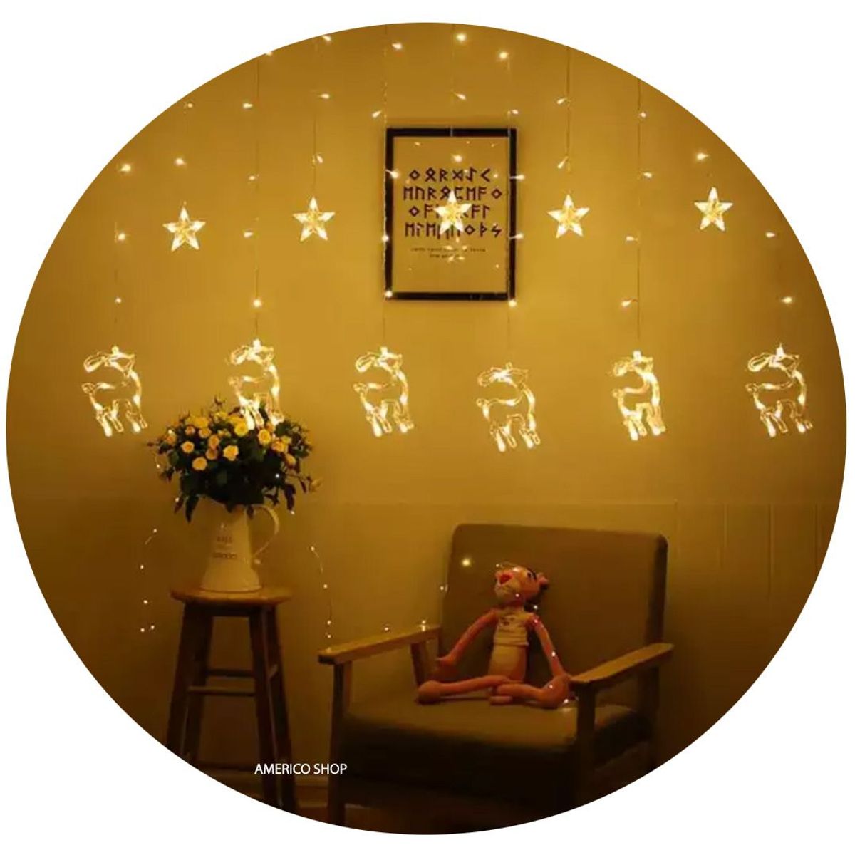 AMERICO SHOP - Luces de Navidad Decorativa con Figura de Estrellas y Renos Multicolor