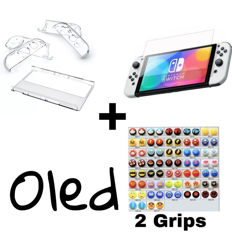 GENERICO - Acrilico Protector + Vidrio Templado + 2 Grips Para Switch Oled