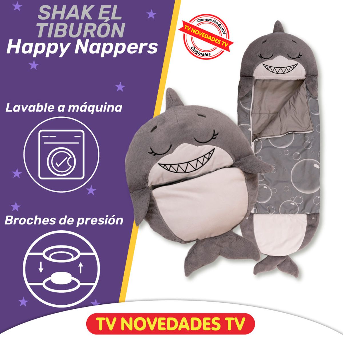 HAPPY NAPPERS - Saco De Dormir Para Niños Happy Nappers Tiburón Gris Grande