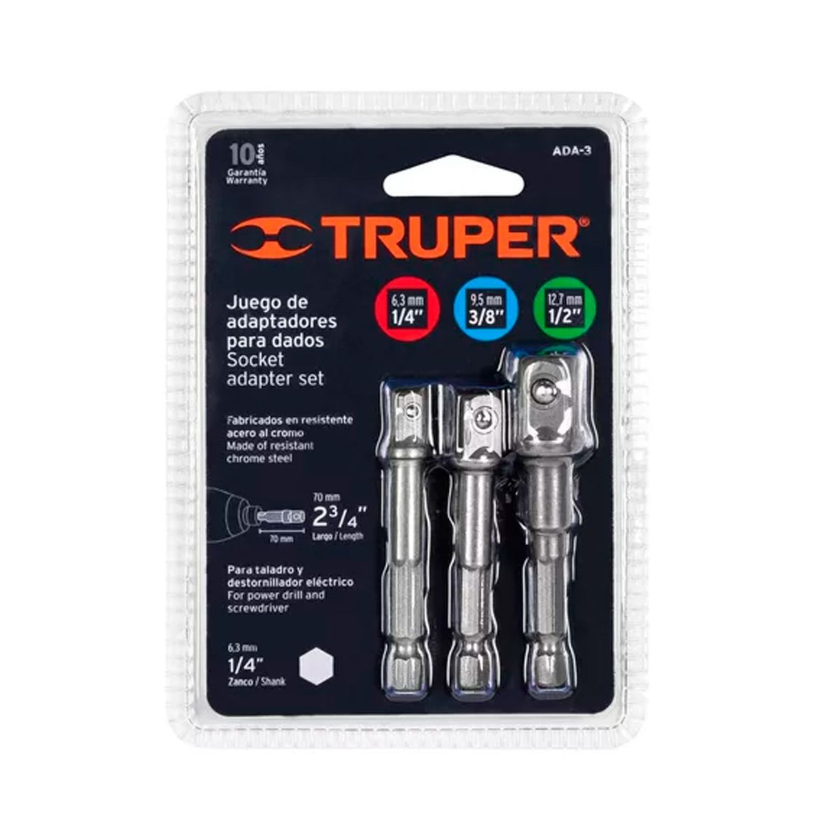 TRUPER - Juego Copa Taladro 3 Adaptadores 1/4,3/8, 1/2 LG 3 Truper