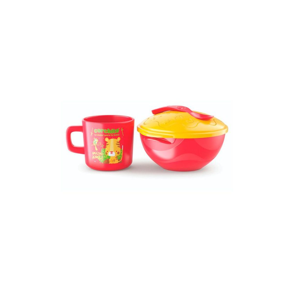 GENERICO - Set Bowl Con Tapa Y Cuchara + Mug Taza Para Bebe Niños Rojo