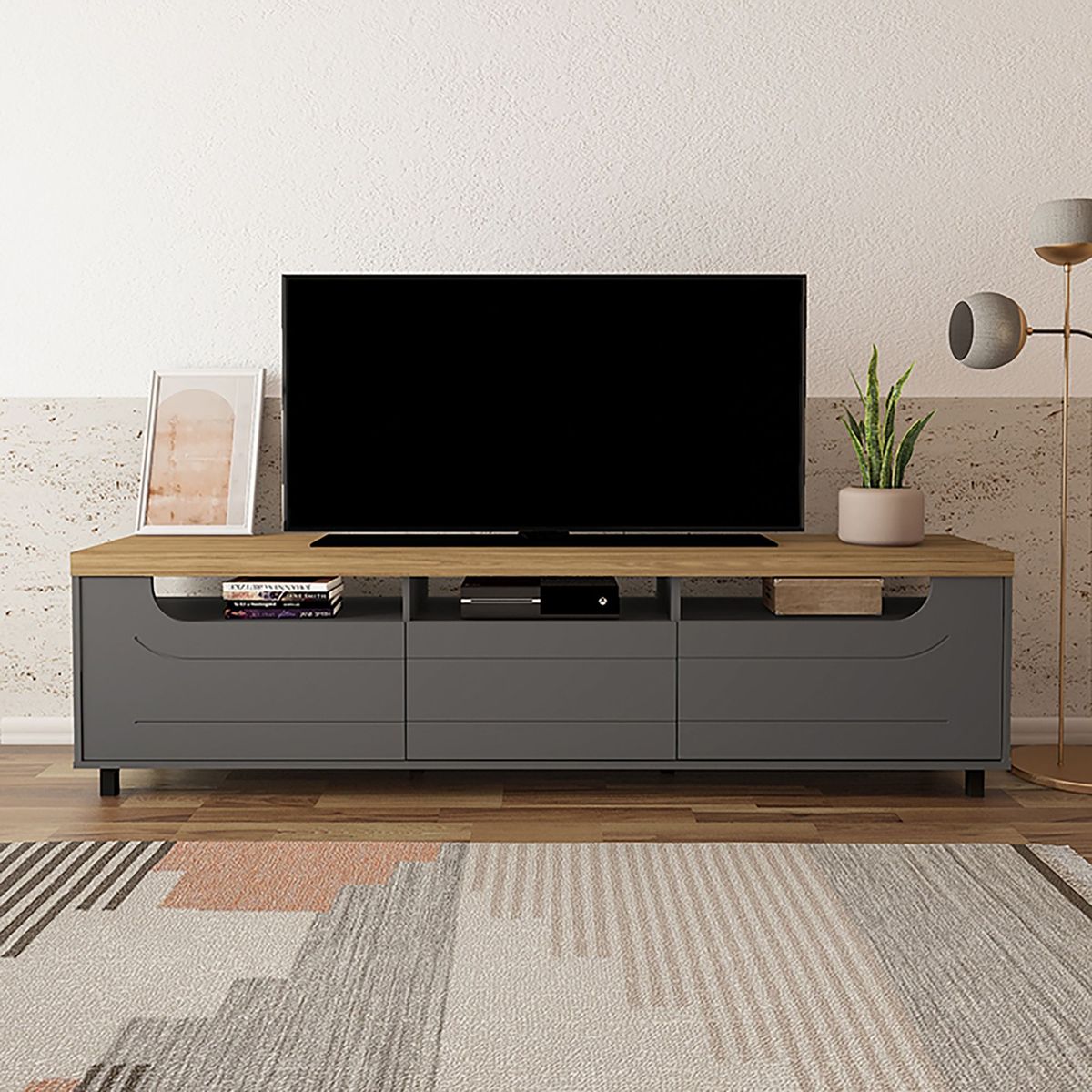 BERTOLINI - Mueble para TV Moderno 75 en MPD 200cm Roble Y Grafito-