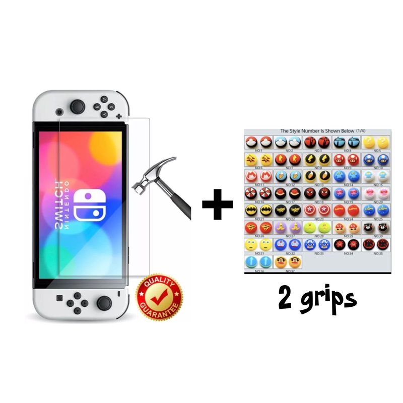 GENERICO - Vidrio Templado + 2 Grips Para Switch Oled