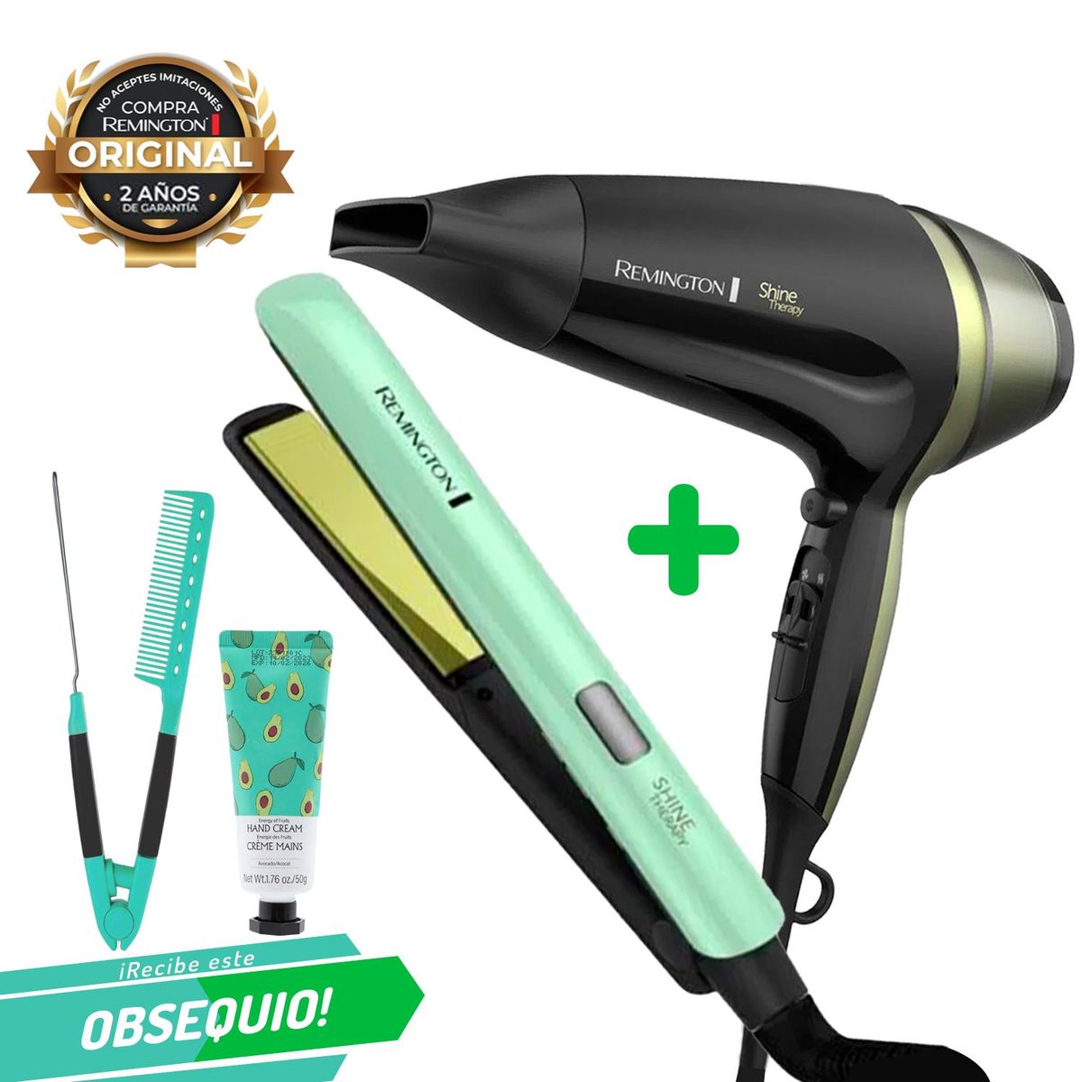 REMINGTON - Combo Plancha + Secador Remington Aguacate + Peinilla y Crema