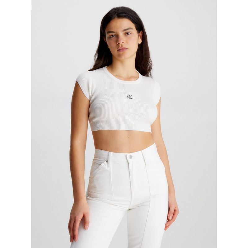 CALVIN KLEIN - Crop Top Blanco De Punto Cropped Con Espalda Abierta Calvin Klein