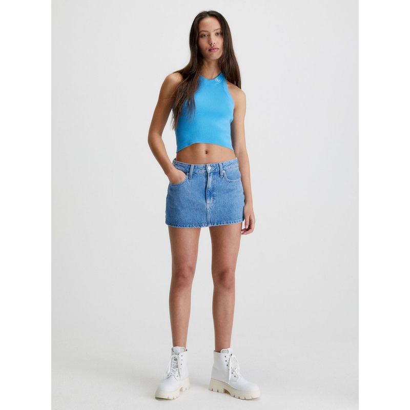 CALVIN KLEIN - Top Cogido Al Cuello De Punto De Algodón Mujer Azul Calvin Klein
