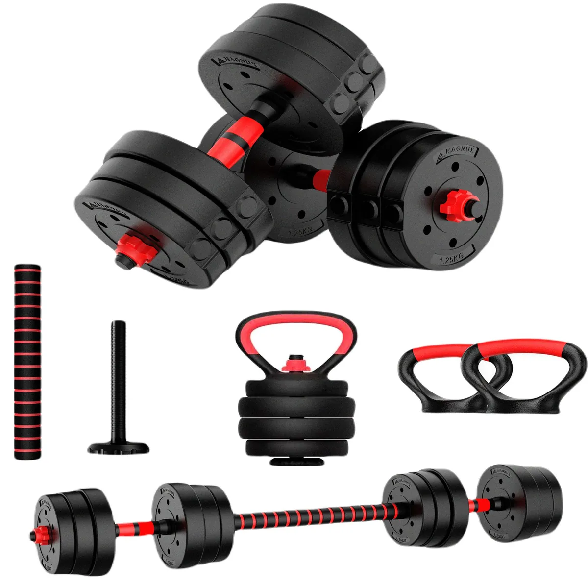 MAGNUX COMPANY - Kit Pesas 20 Kg Set Convertible Pesa Rusa Barra Larga 40 Lb.