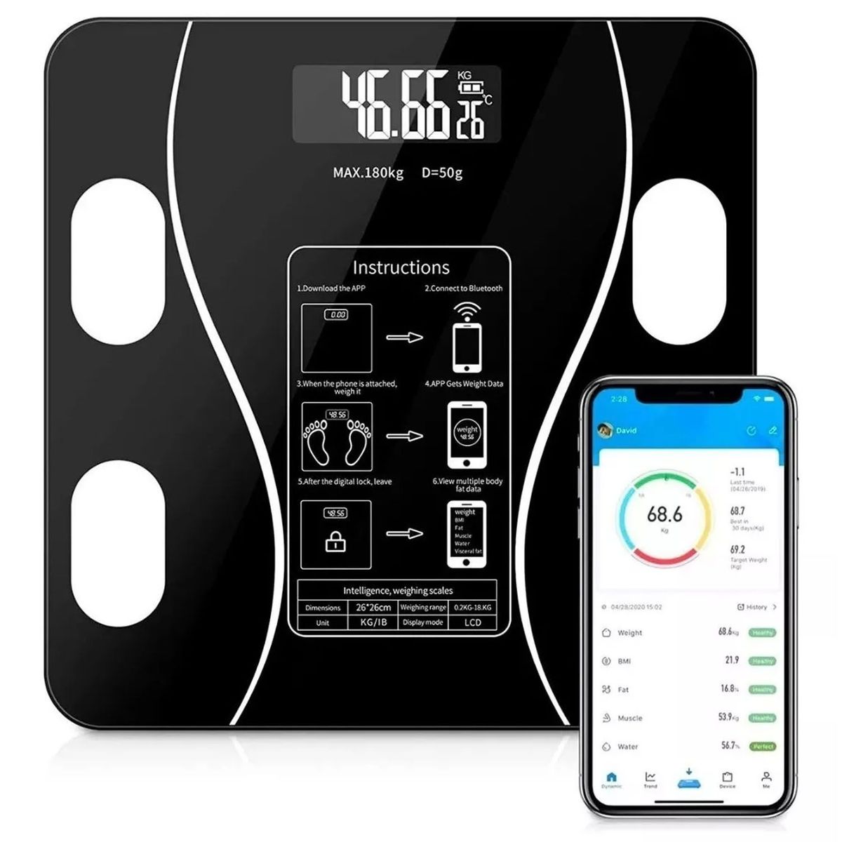 ONE PIXEL - Bascula Pesa Vidrio Inteligente Bluetooth Digital Con App