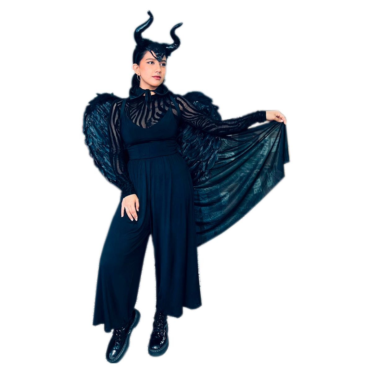 GENERICO - Capa Alas Cachos Cuernos Maléfica Disfraz Halloween adulto