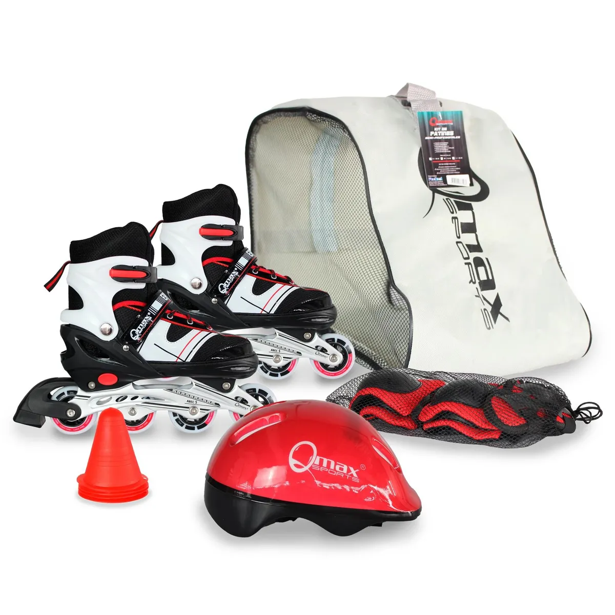 QMAX - Patines en linea Ajsutables + Kit Protección Niños Rojos 38-41