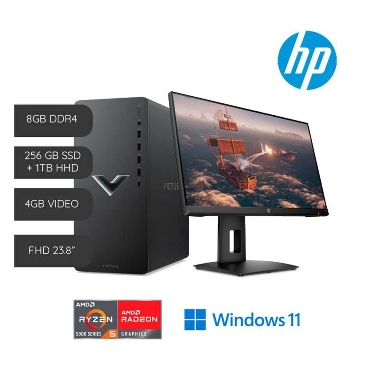 HP - PC Gaming HP TG02 AMD Ryzen 5 5600G 3.9GHz 8GB RAM 256GB SSD 1TB HDD RX 6400 4GB